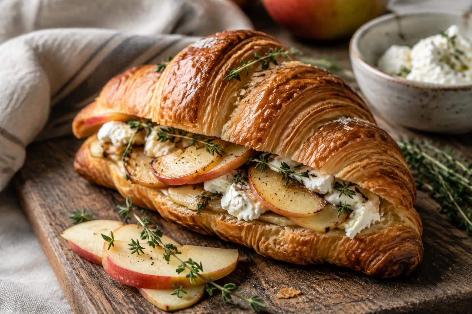 Savory apple croissant with goat cheese garnished with fresh thyme on rustic board