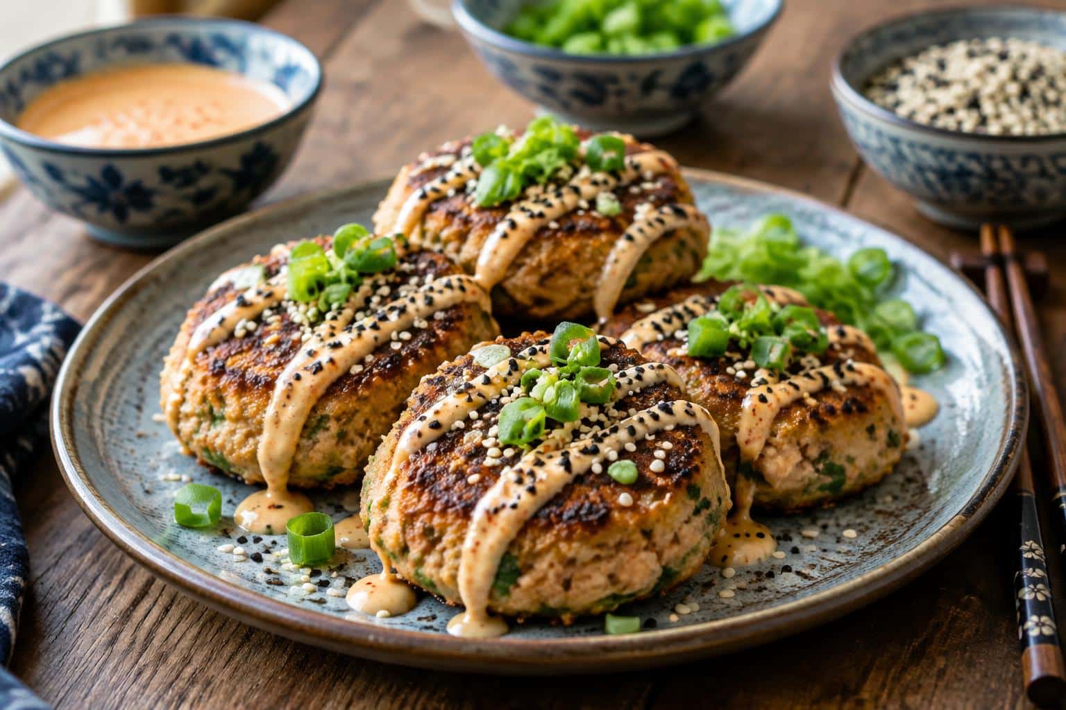 Savory Asian tuna cakes served with zesty spicy mayo and garnished with scallions and sesame seeds