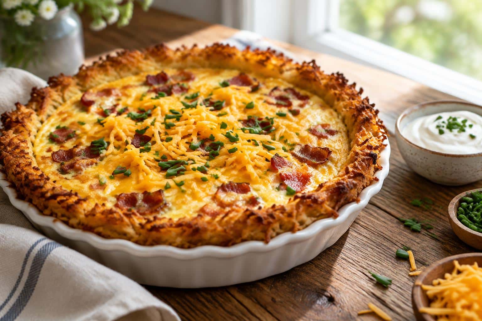 Savory bacon cheddar quiche with golden hash brown crust garnished with chives