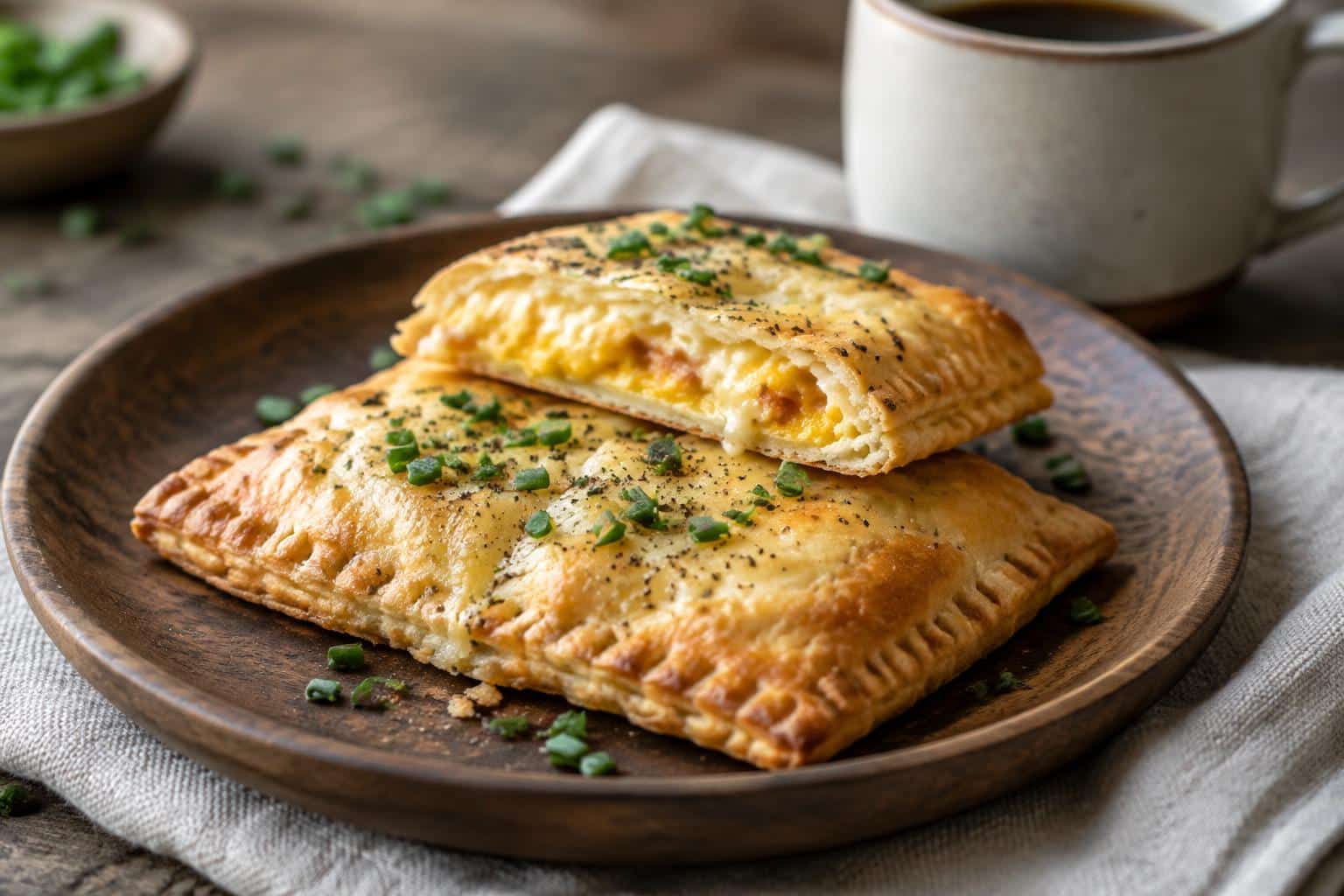 Savory breakfast pop tarts with flaky crust and melted cheese filling garnished with chives