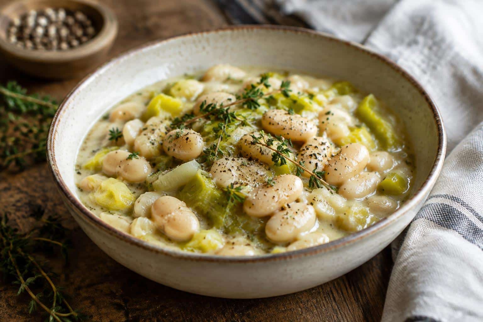 Creamy butter beans and leeks served in a rustic bowl garnished with fresh herbs and black pepper