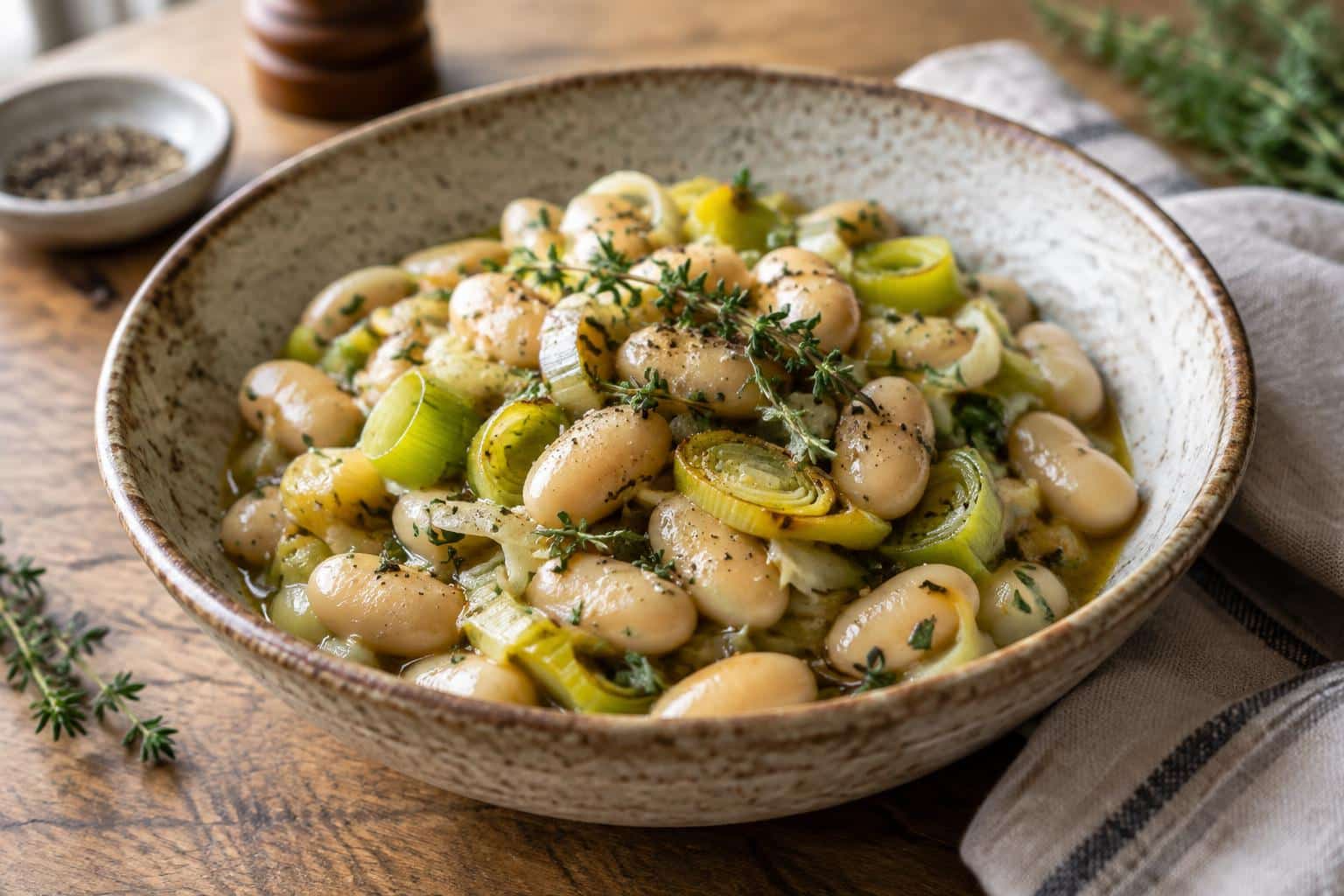 Savory butter beans with sautéed leeks garnished with fresh herbs in a rustic bowl