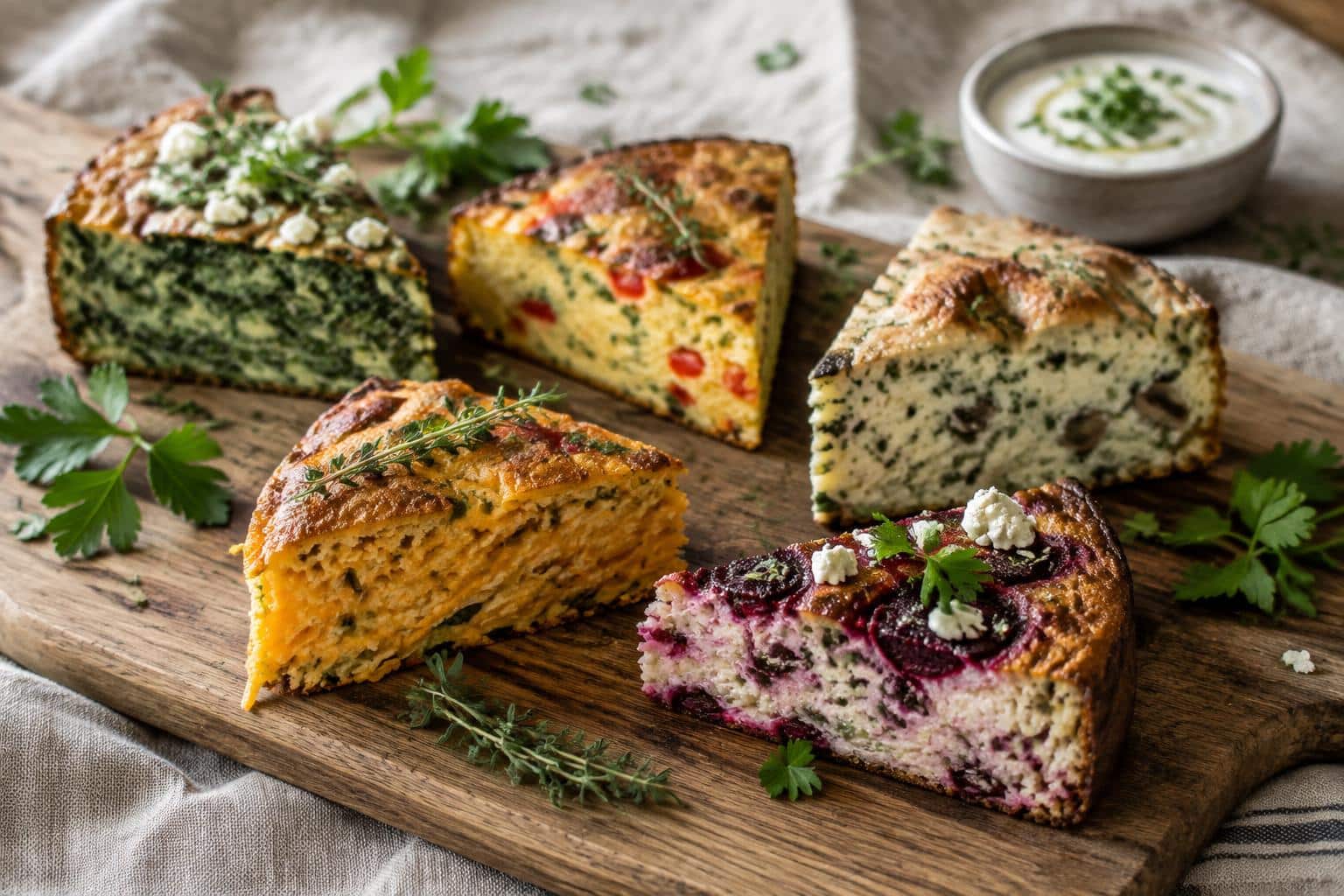 Five slices of delicious savory cakes garnished with fresh herbs, showcasing savory cakes appetizer varieties