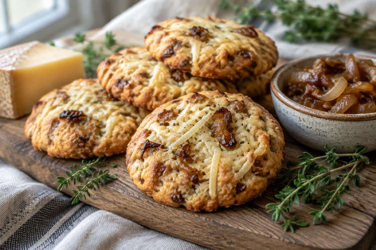 Savory onion cookies with caramelized onions and Comté cheese on a rustic wooden board