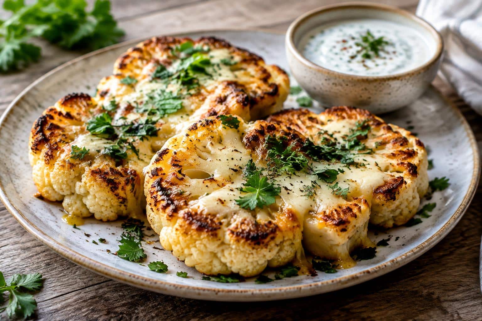 Cheesy roasted cauliflower steaks with melted cheese and herbs on a rustic plate