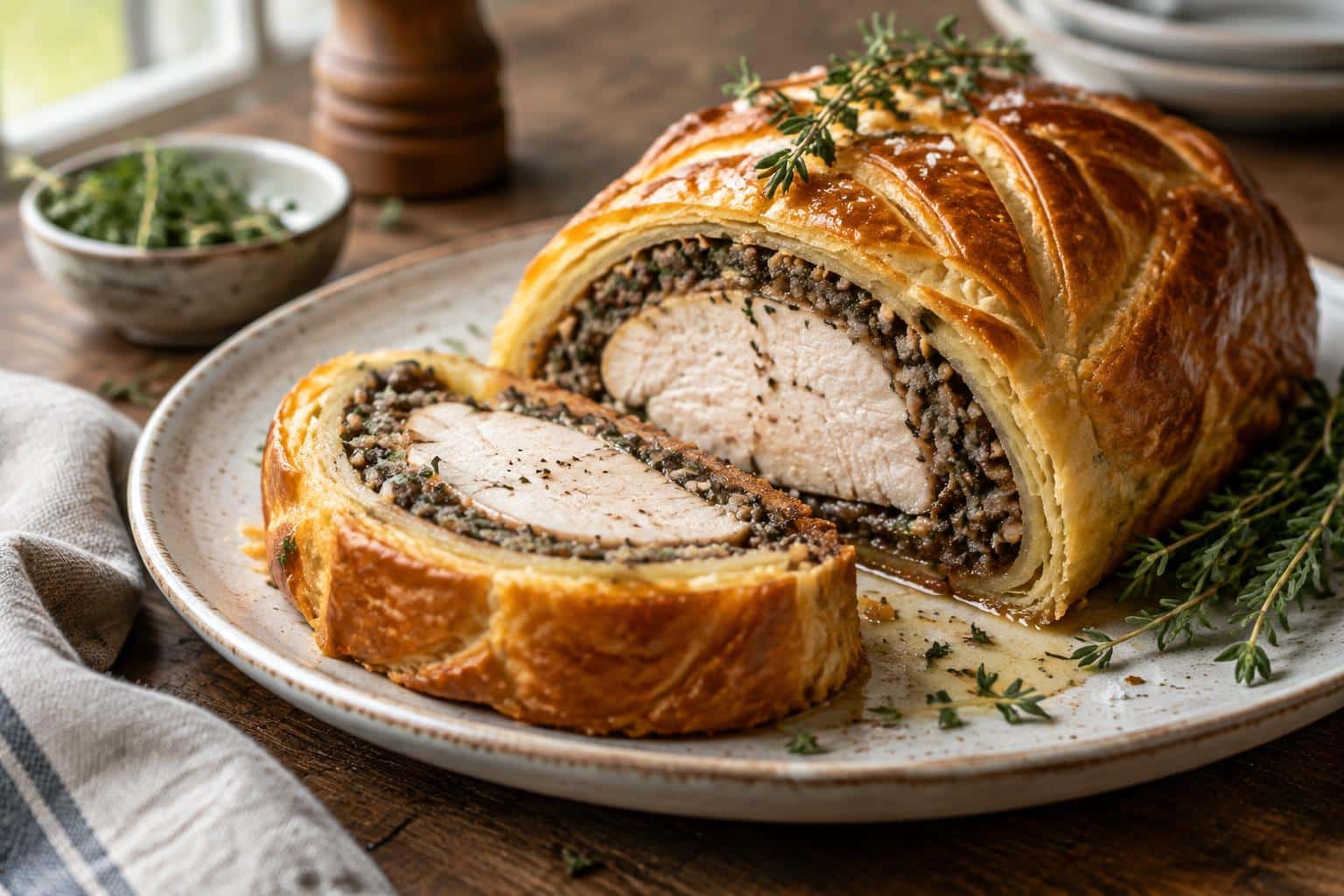 Savory chicken wellington with golden pastry and mushroom filling on rustic wooden surface