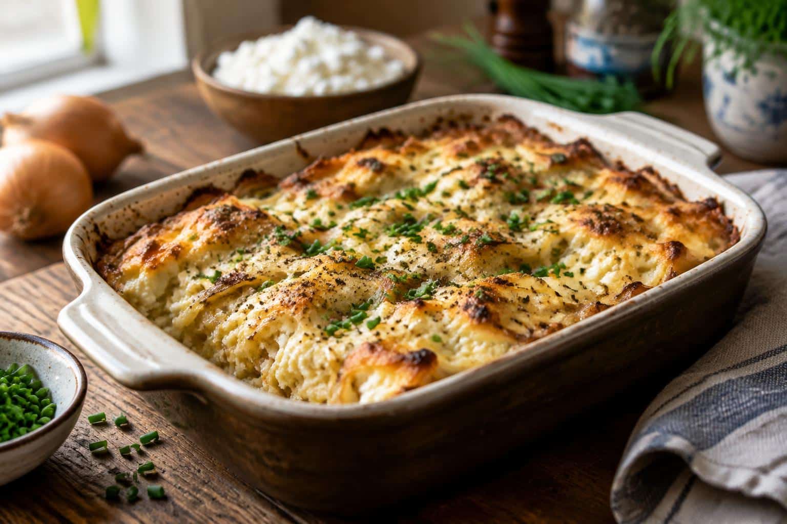 Savory cottage cheese bake with onions garnished with fresh chives and pepper