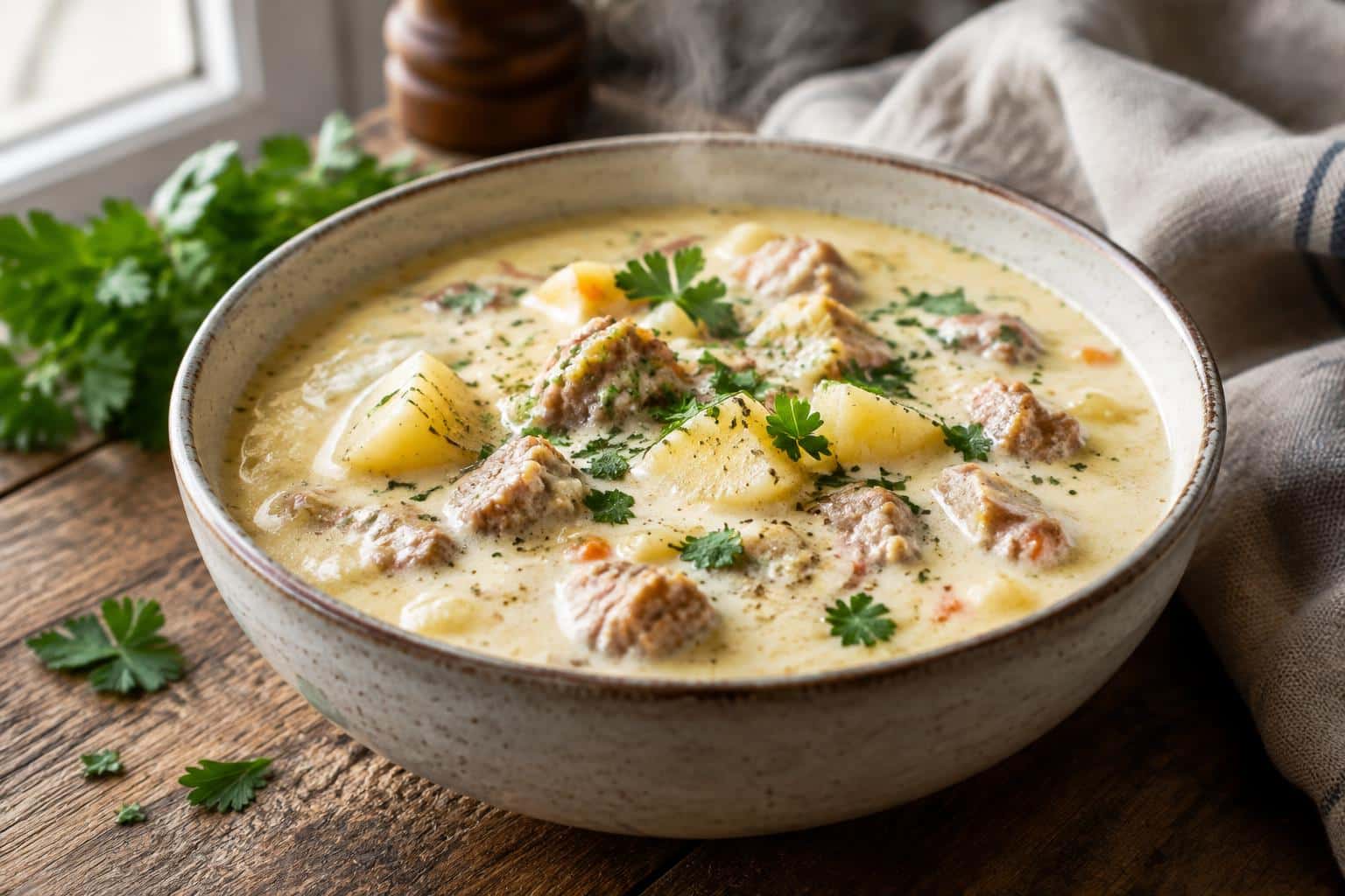 Creamy sausage potato chowder in a bowl garnished with parsley, showcasing savory sausage potato chowder