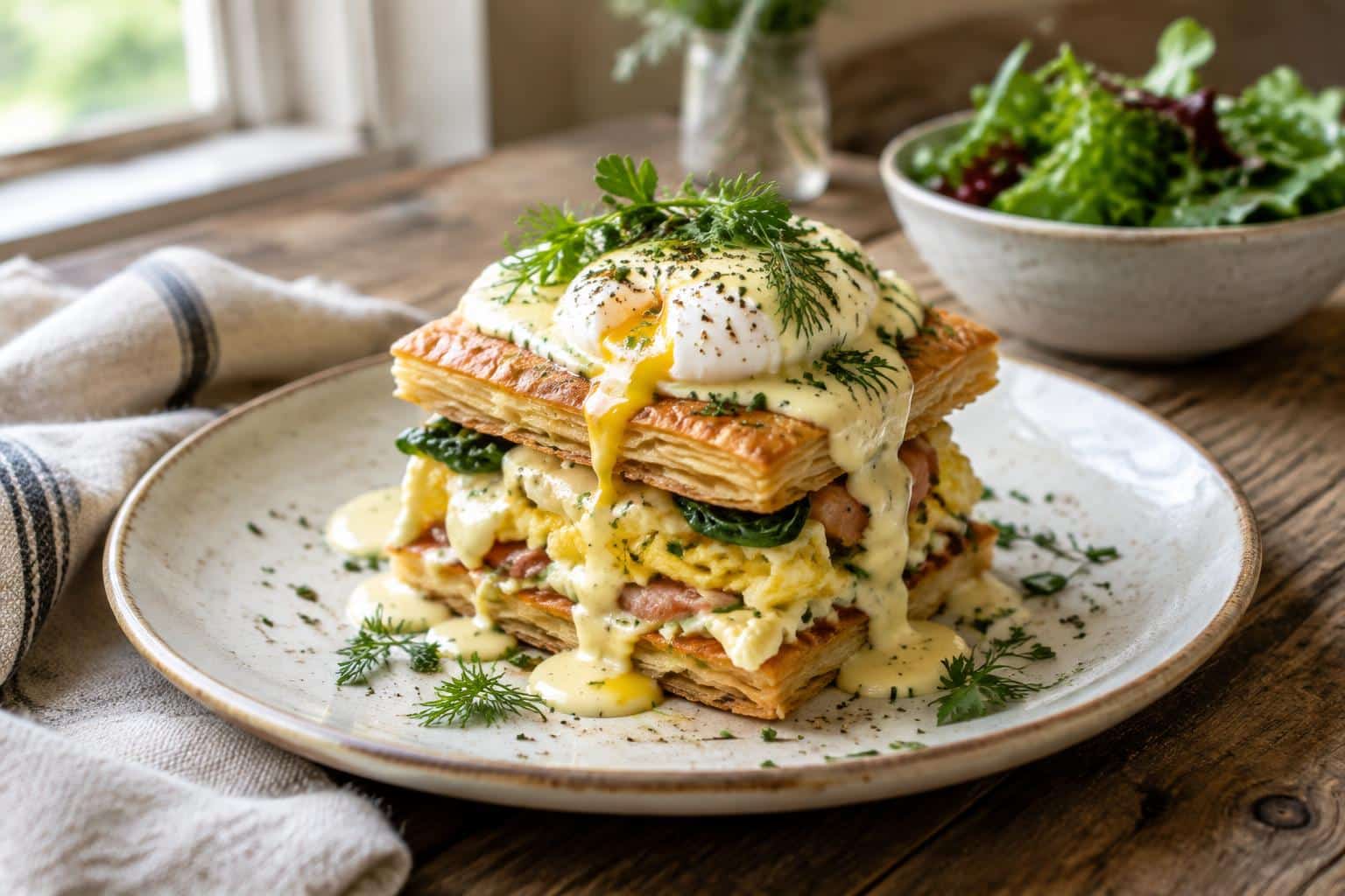Plated savory eggs napoleon with fresh herbs and creamy sauce in natural light