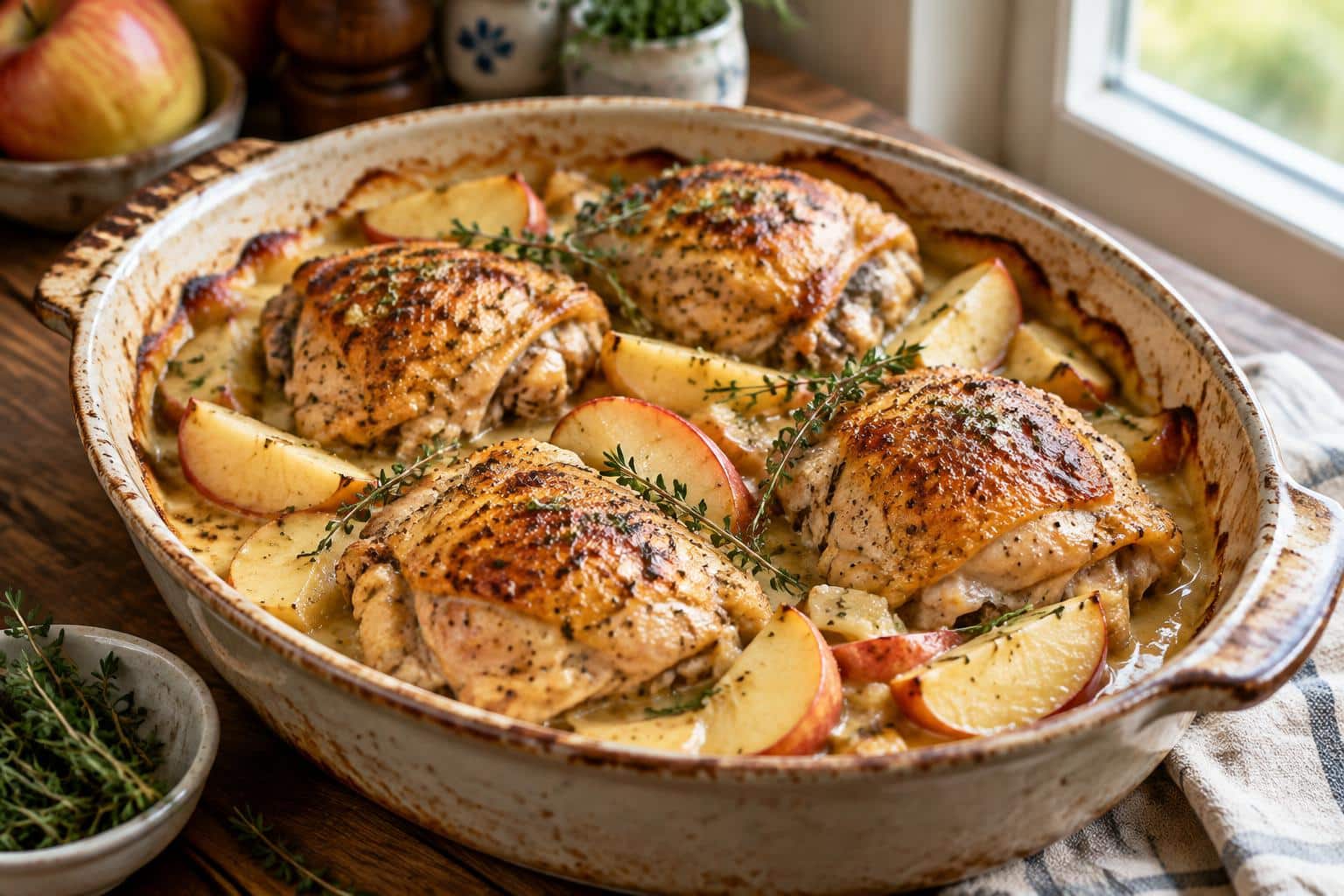 Savory French chicken casserole with apples and creamy sauce garnished with fresh thyme