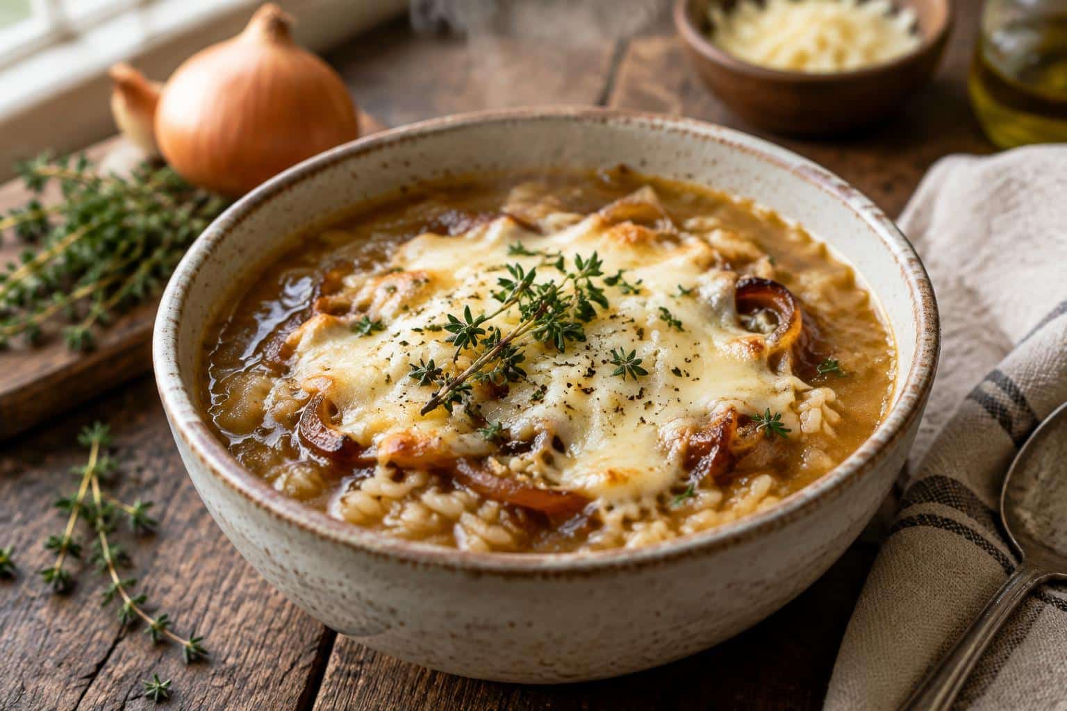 A bowl of savory french onion rice soup with caramelized onions and rice garnished with fresh thyme