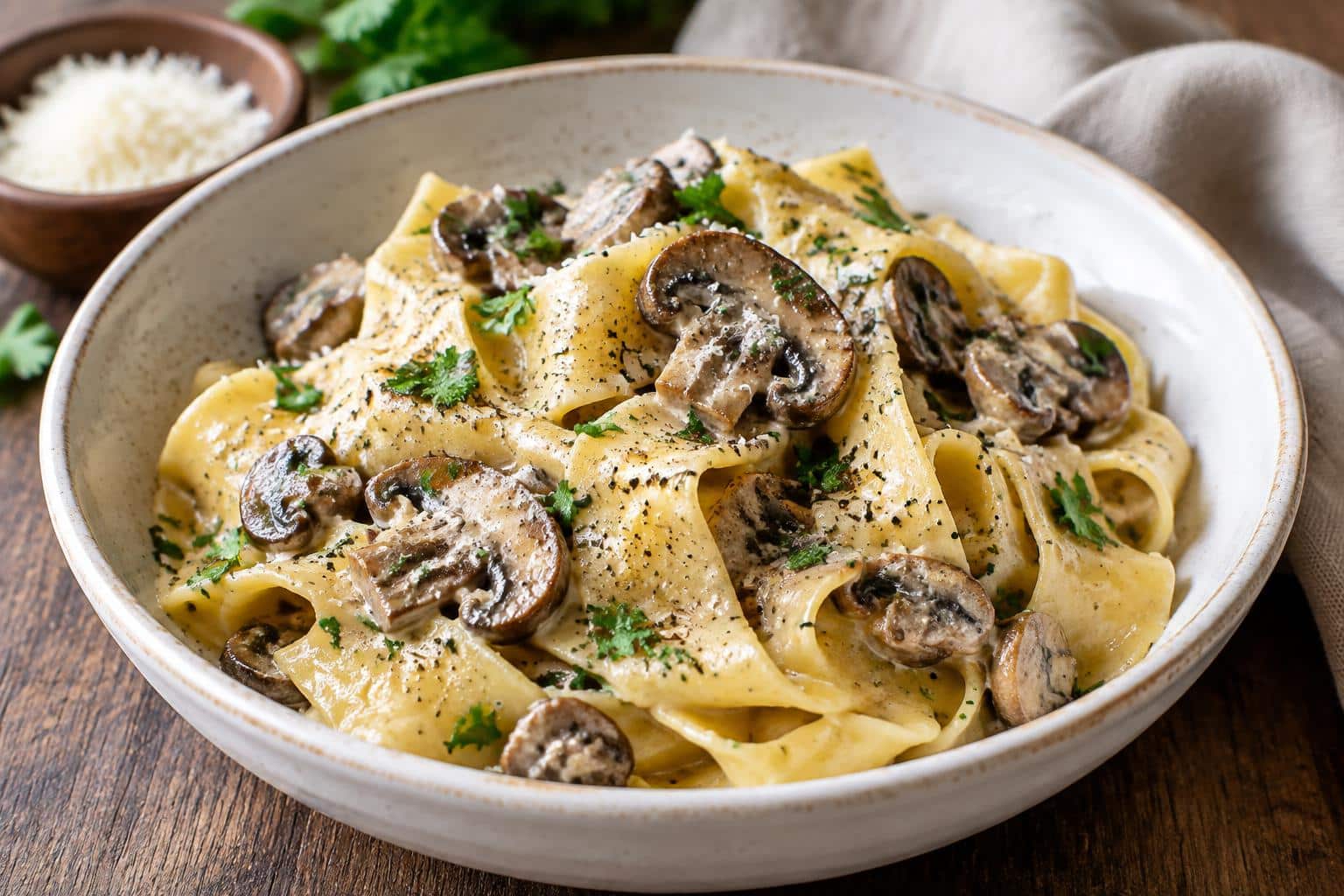 Creamy garlic butter mushroom pappardelle pasta garnished with parsley and black pepper