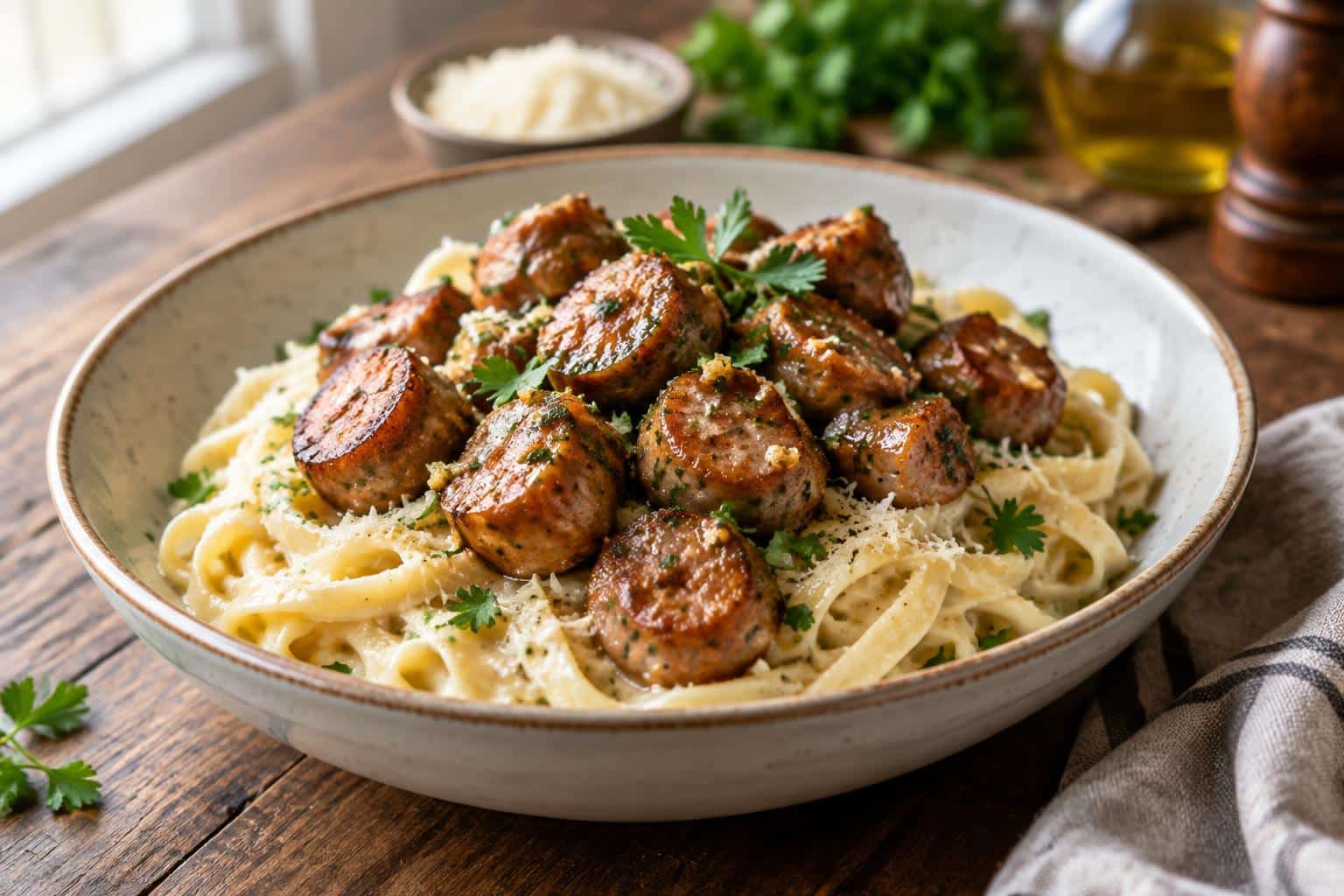 Garlic butter sausage bites served over creamy parmesan pasta with parsley garnish