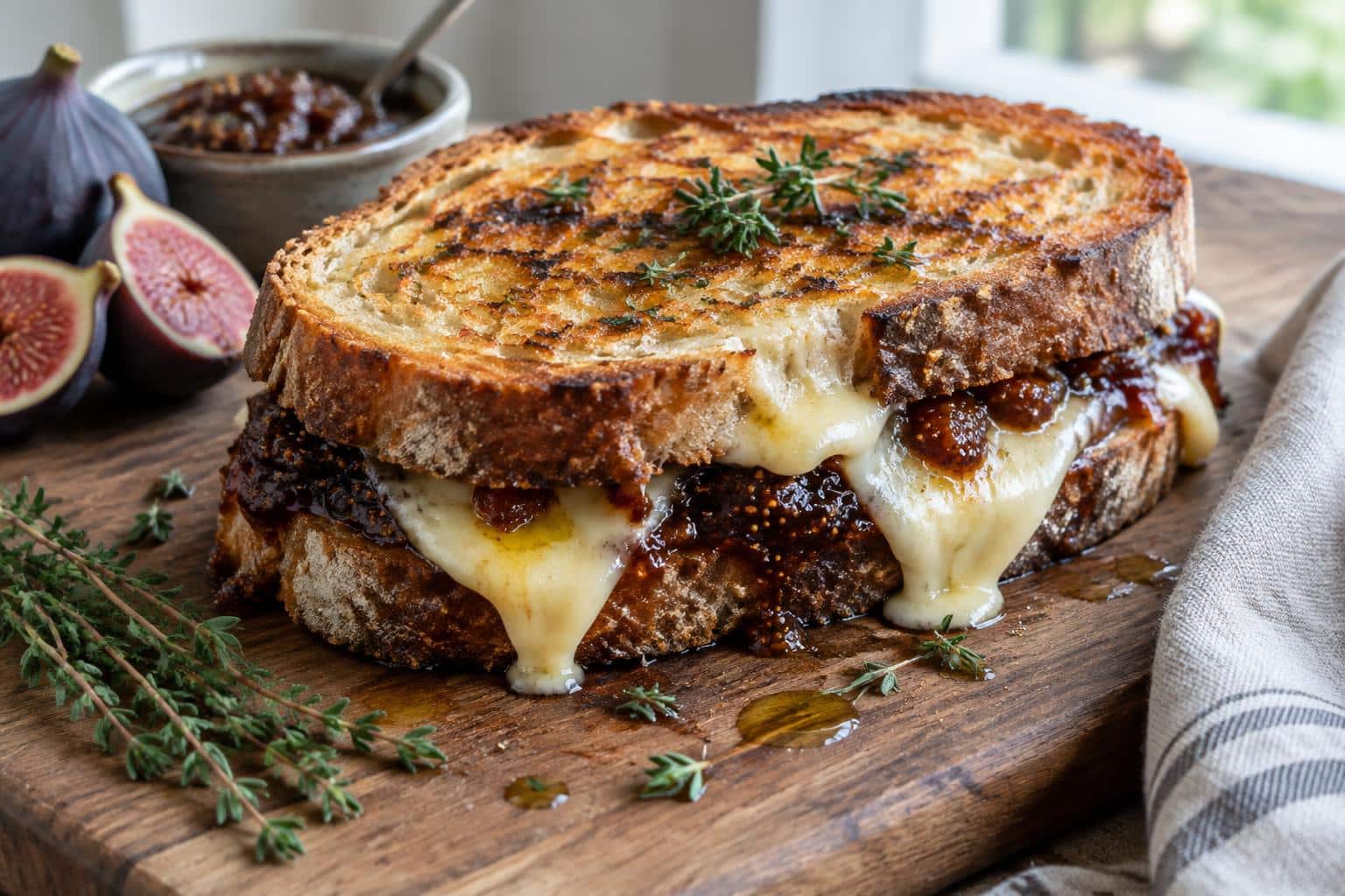 Savory grilled fig jam melt sandwich with melted cheese and fresh herbs
