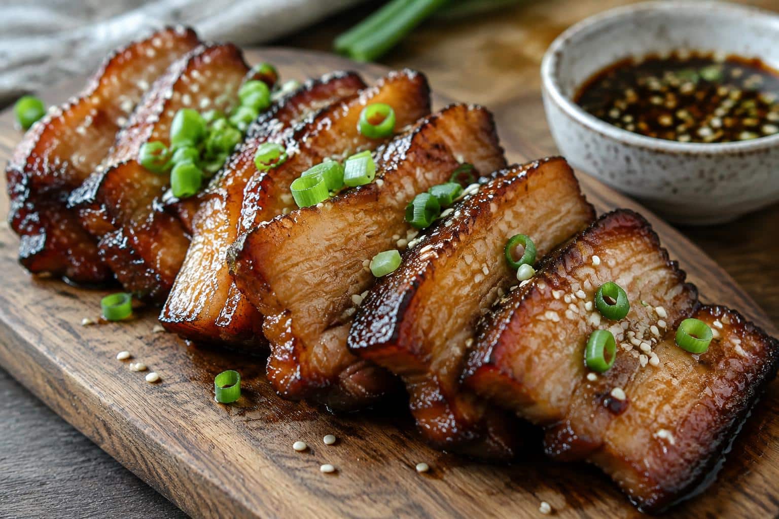 Sticky and tender honey glazed pork belly slices garnished with scallions and sesame seeds
