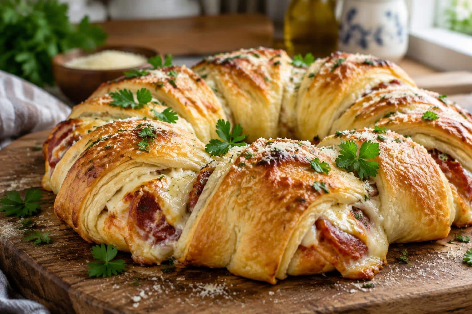 Golden-brown Italian crescent roll bake with melted cheese and herbs