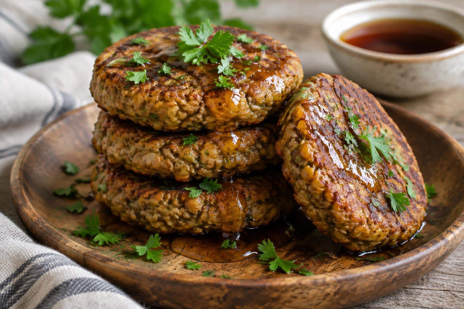 Golden maple-lentil sausage patties garnished with parsley and maple syrup, savory vegan breakfast