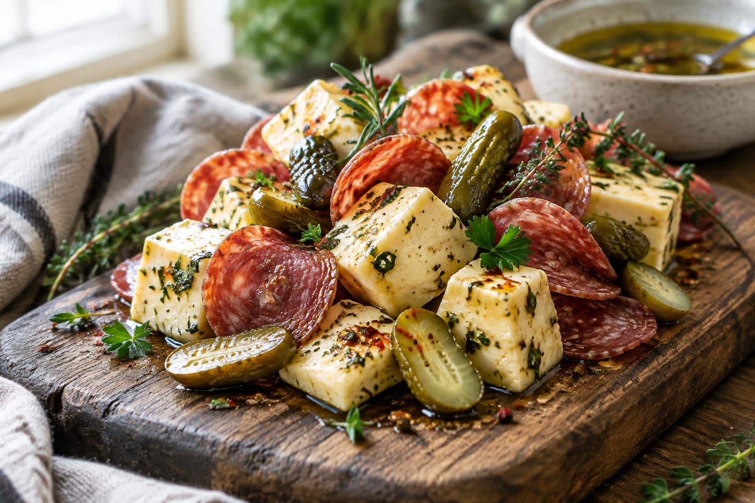 Marinated cheese delight with salami and crunchy pickles on a rustic wooden board