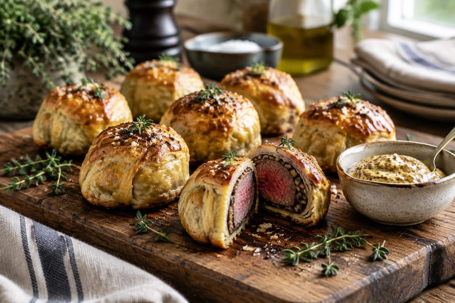 Golden-brown mini beef wellington bites garnished with fresh thyme and Dijon mustard, showcasing mini beef wellington ap
