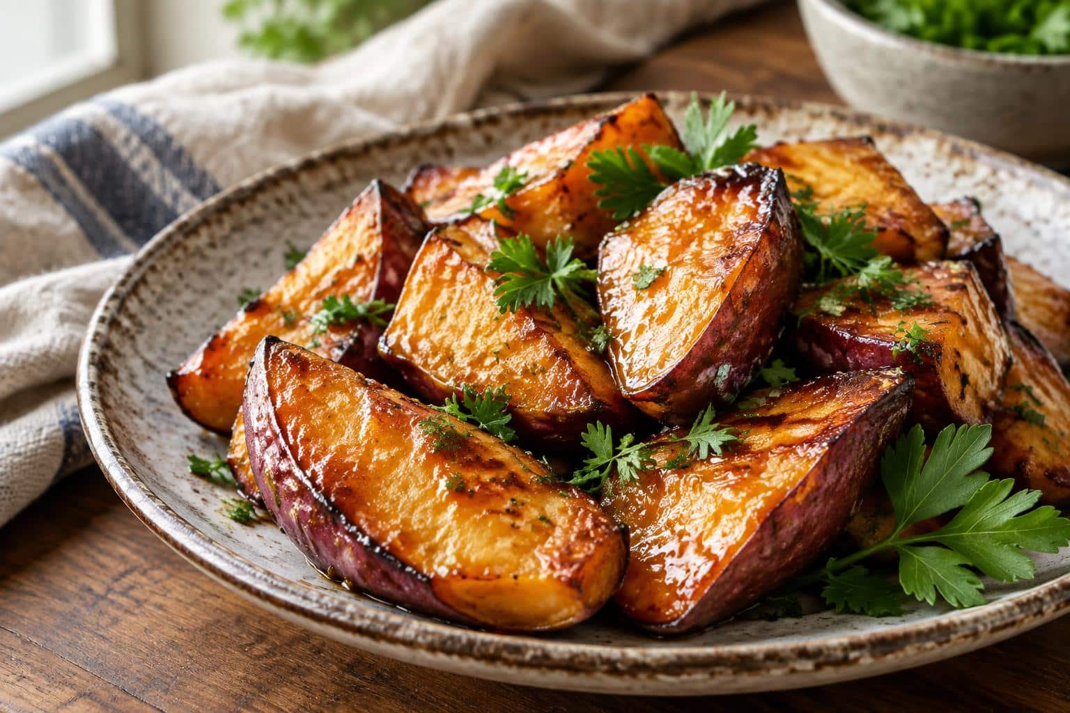 Savory miso butter sweet potatoes roasted to golden perfection with fresh parsley garnish