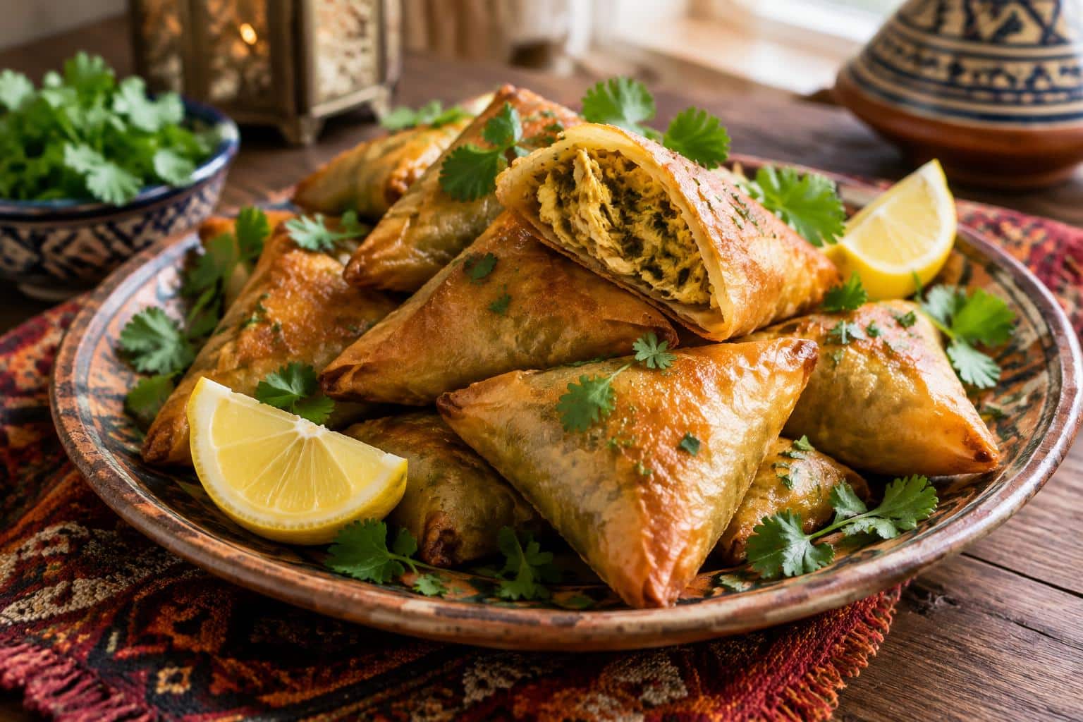 Golden Moroccan chicken briouats with fresh cilantro garnish and lemon wedges on a rustic plate