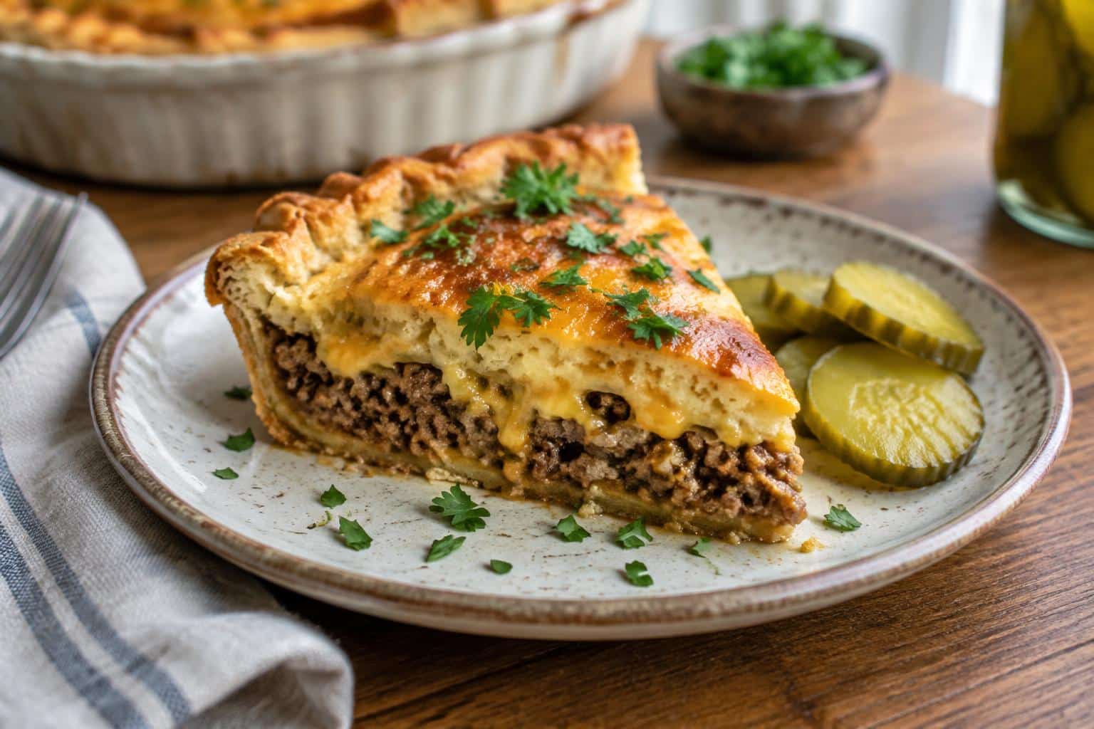 Savory one-pan cheeseburger pie slice garnished with parsley, showcasing cheeseburger pie