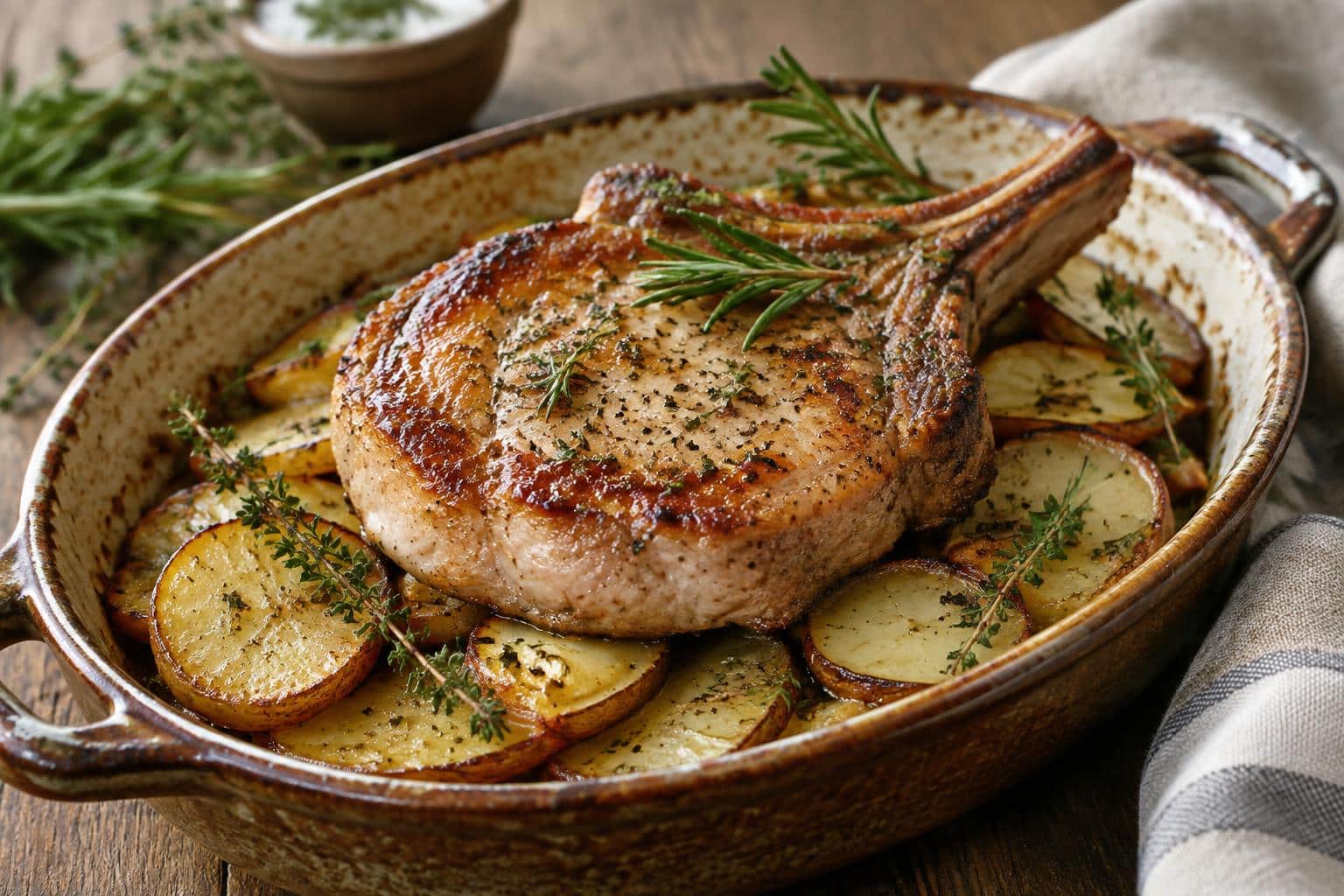 Savory pork chop potato bake with roasted potatoes and fresh herbs on top