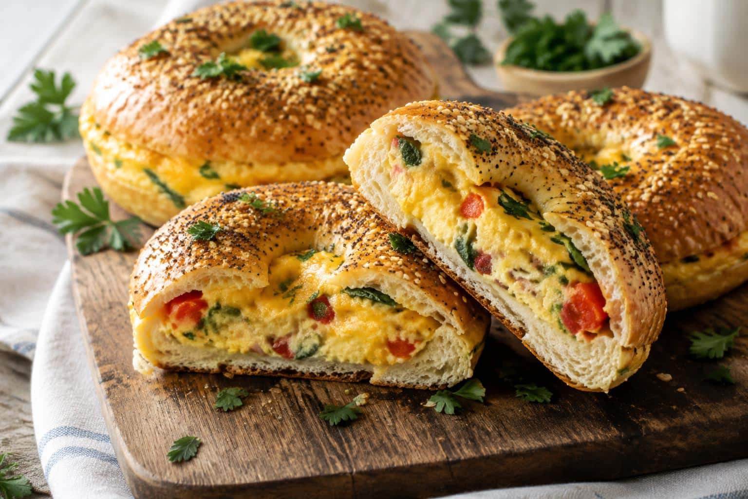 Savory quiche stuffed bagels with melted cheese and veggies in natural light