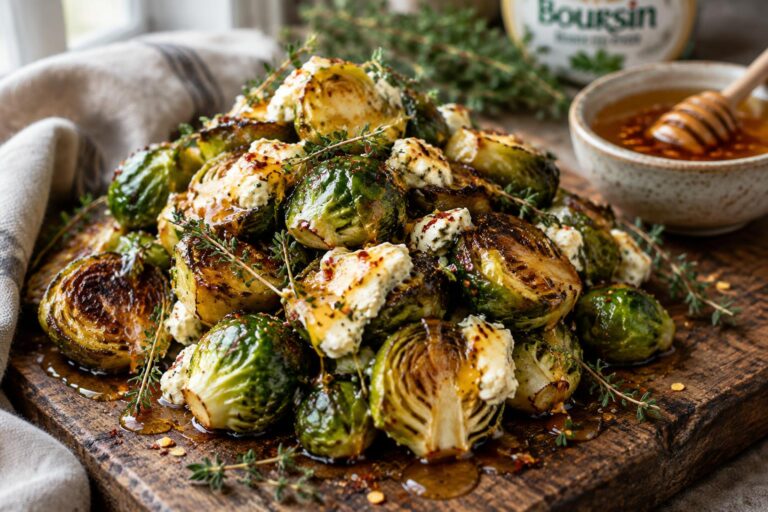 Savory roasted Brussels sprouts with creamy Boursin cheese and hot honey drizzle on a rustic board