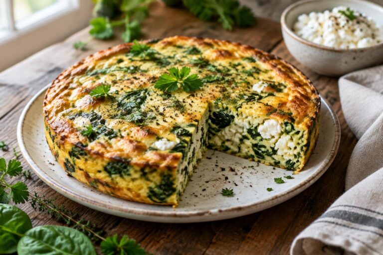 Close-up of a crustless quiche with spinach and cottage cheese garnished with herbs