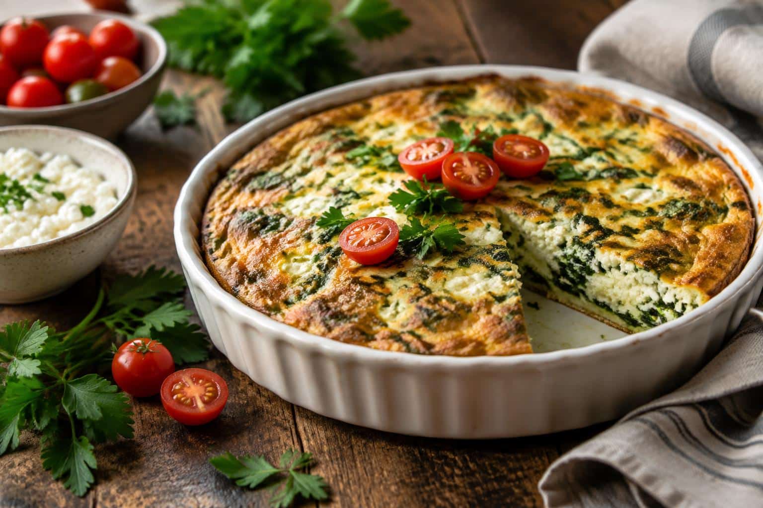 Savory spinach and cottage cheese crustless quiche garnished with parsley and cherry tomatoes