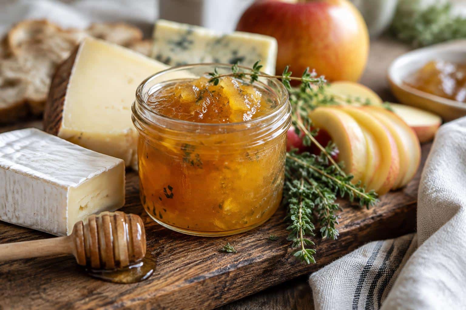 Jar of savory-sweet apple thyme jam on wooden board with cheeses and thyme sprigs