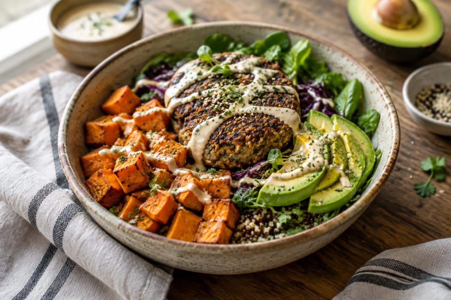 Savory sweet potato burger bowl with roasted sweet potatoes and veggie burger patty