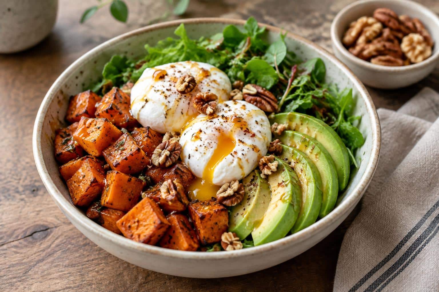 Savory and sweet sweet potato breakfast bowl with roasted sweet potatoes and avocado