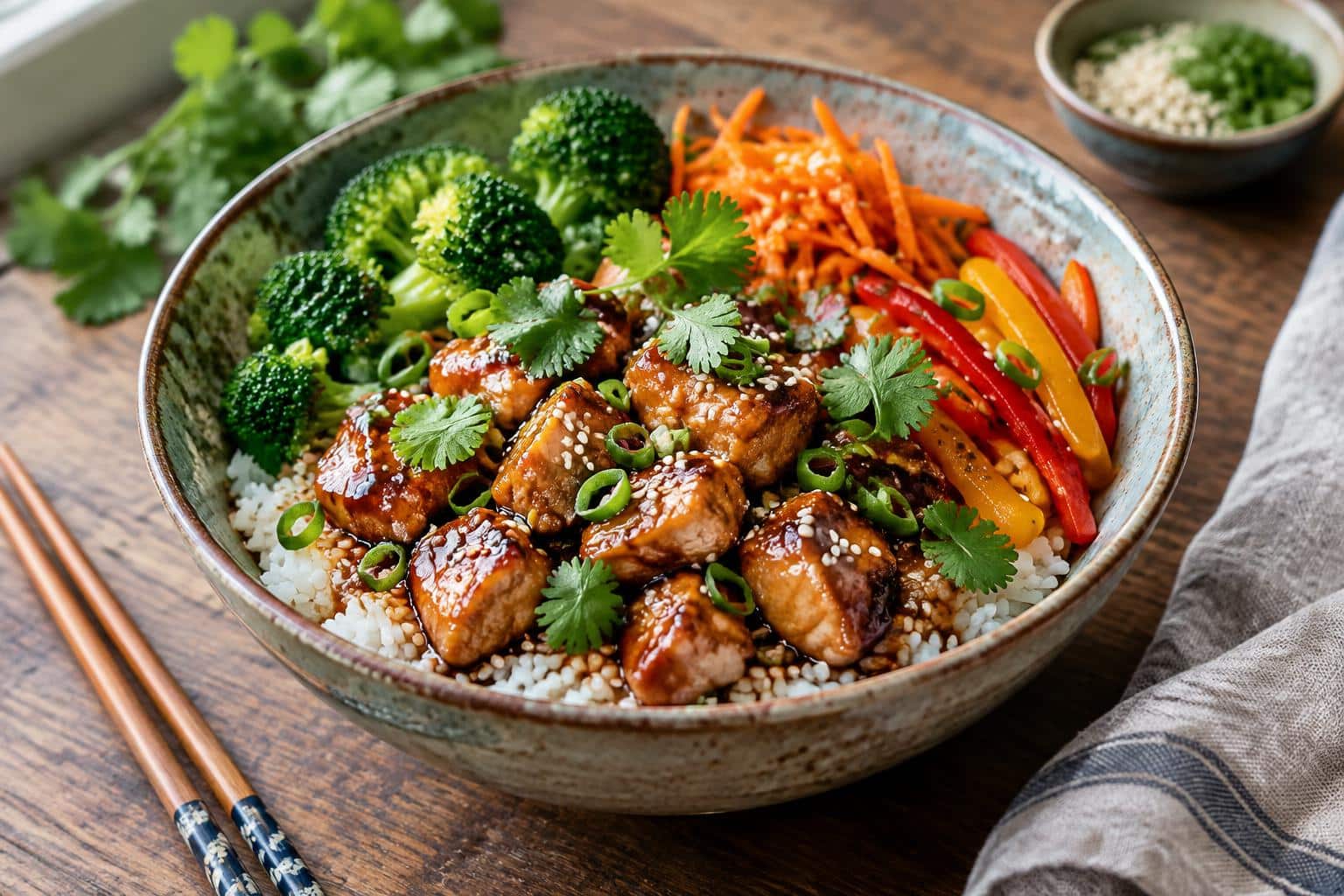 Teriyaki chicken rice bowl with colorful veggies and sesame garnish in a ceramic bowl