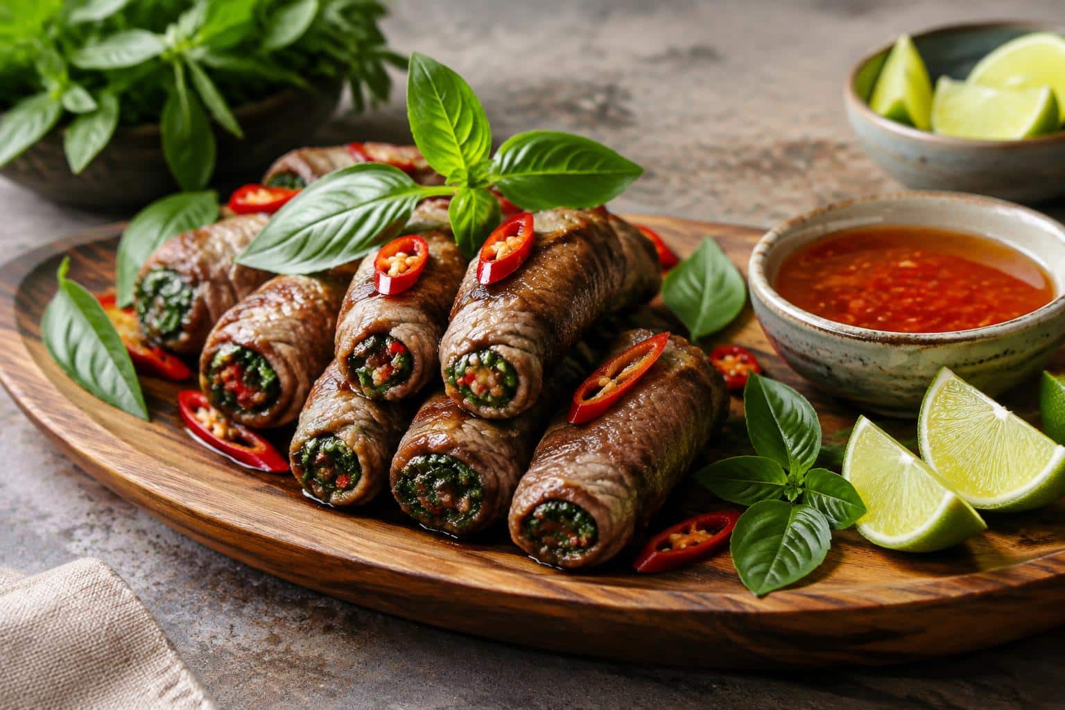 Savory Thai basil beef rolls served on a wooden platter garnished with fresh basil and chili