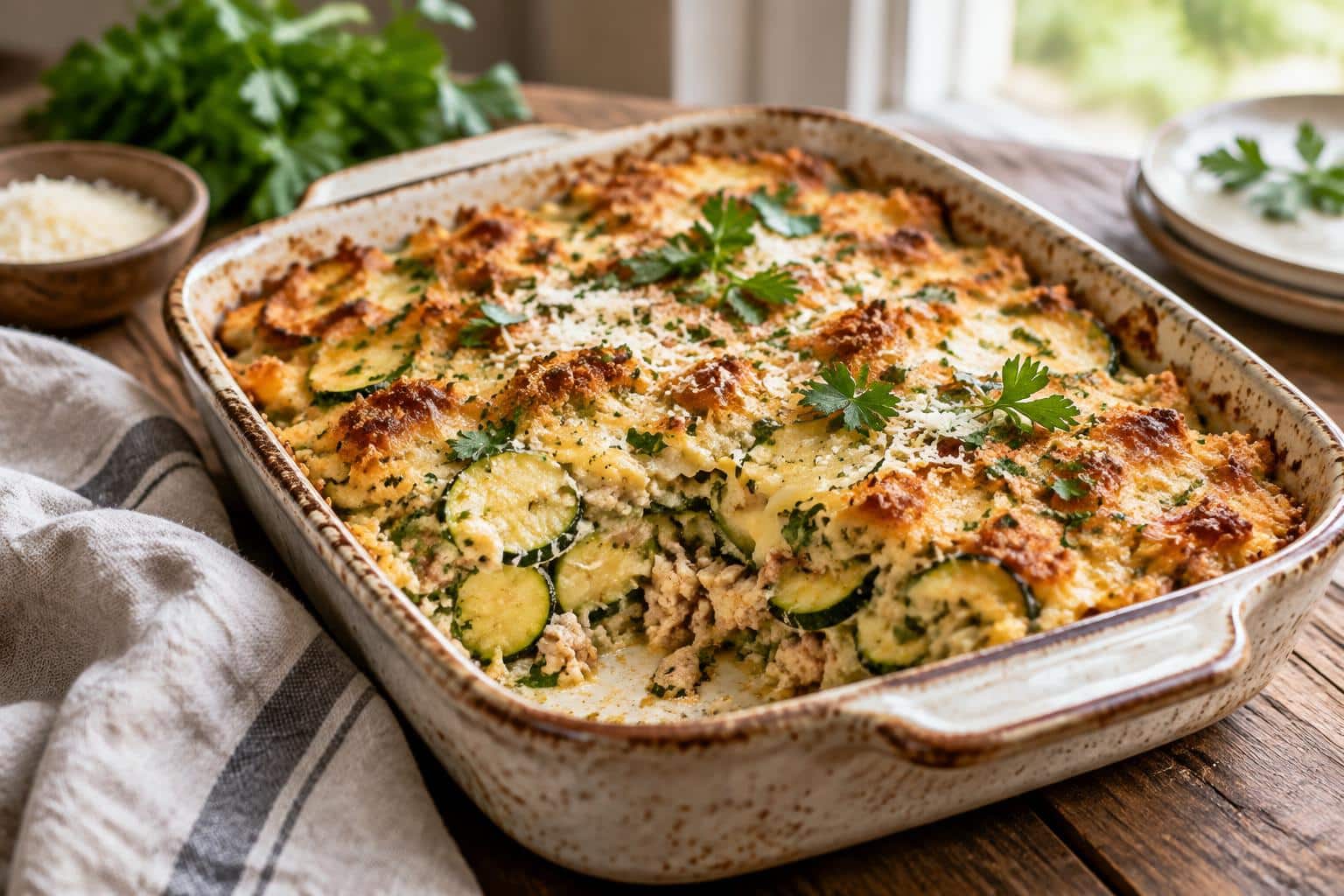 Golden-baked turkey zucchini casserole garnished with parsley, showcasing turkey zucchini casserole