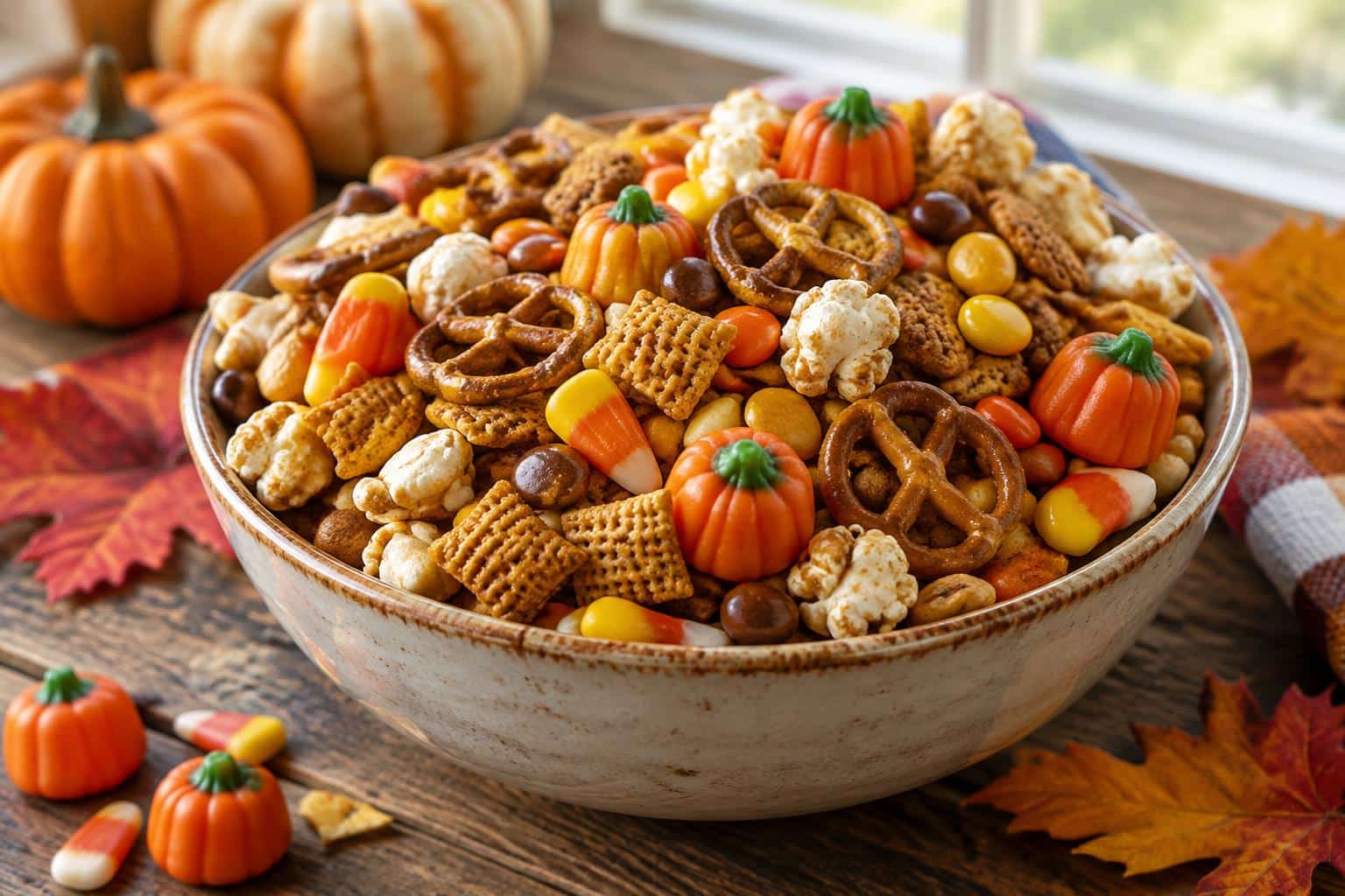 Scarecrow crunch snack mix in a rustic bowl with candy pumpkins and fall leaves, a perfect easy Halloween treat