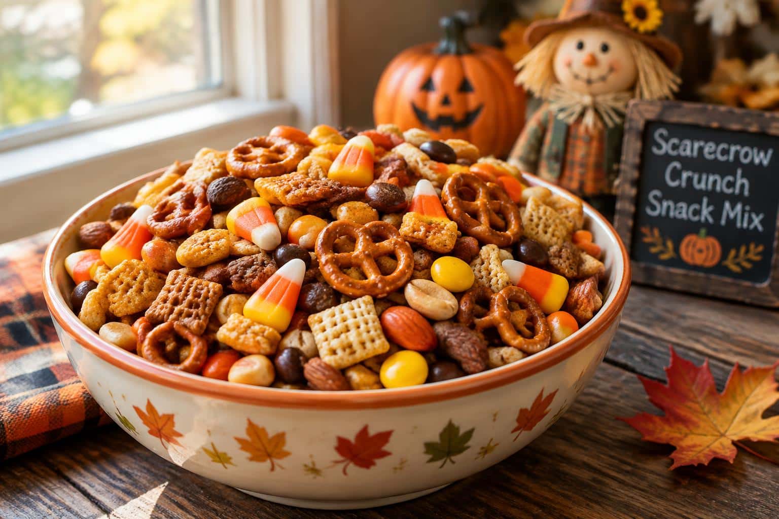 Scarecrow Crunch Snack Mix in a bowl with colorful candies and pretzels, perfect easy Halloween treat