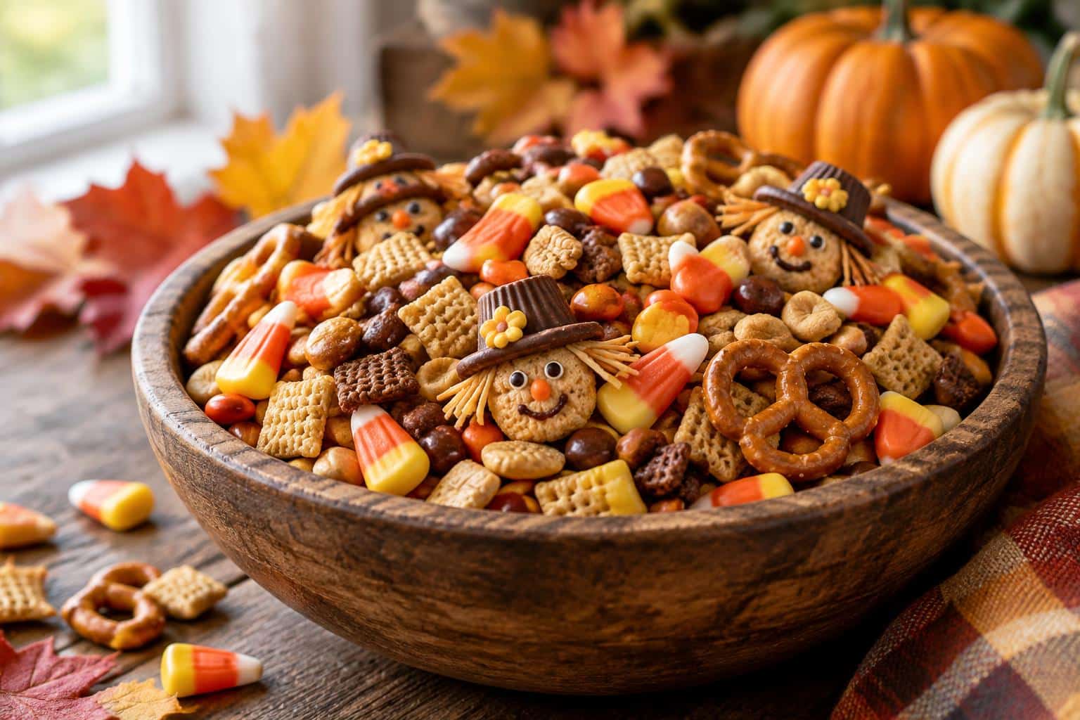 Scarecrow crunch snack mix in bowl with crunchy pretzels and candy corns on wooden table