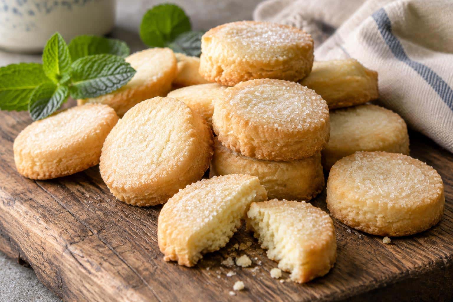 buttery shortbread sugar cookie bites on wooden board, lightly dusted with sugar