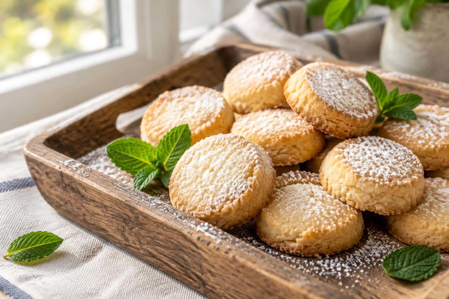 Golden-baked shortbread sugar cookie bites with powdered sugar and mint garnish on wooden tray