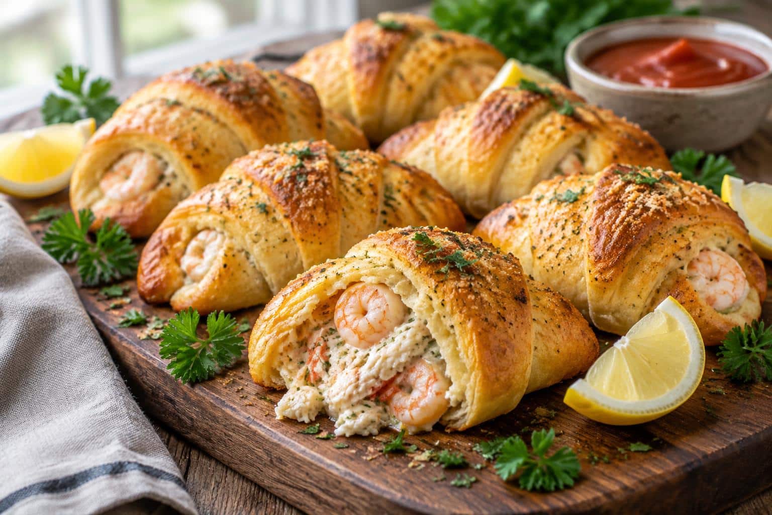 Shrimp crab stuffed bombs on wooden board garnished with parsley and lemon wedges