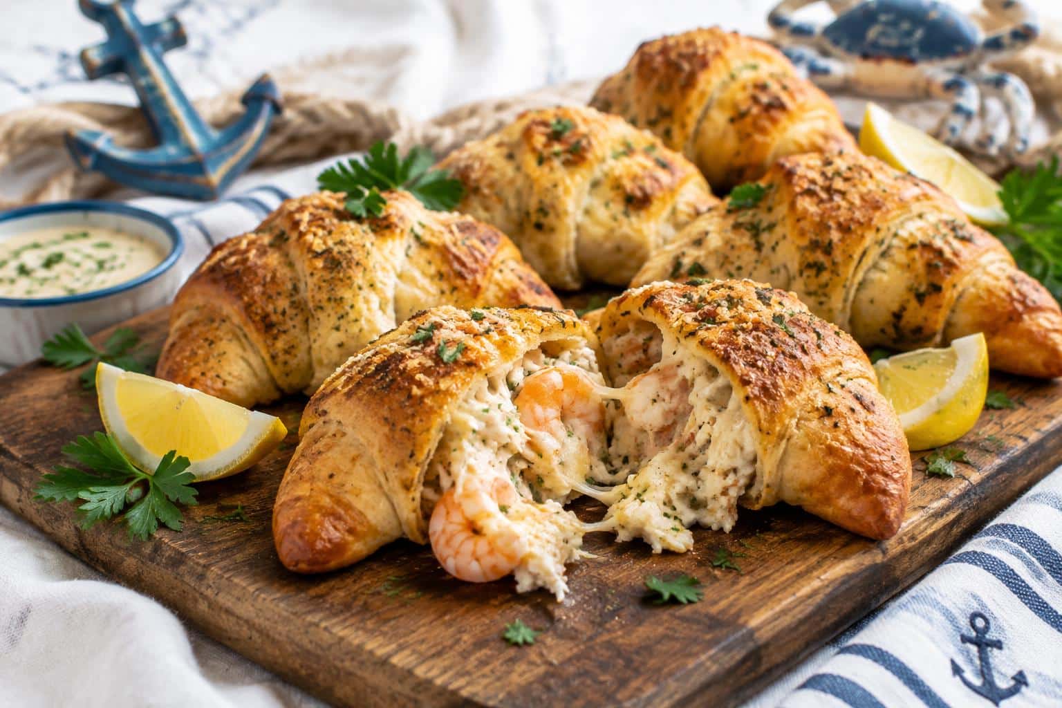 golden shrimp crab stuffed crescent bombs with fresh parsley garnish and lemon wedges