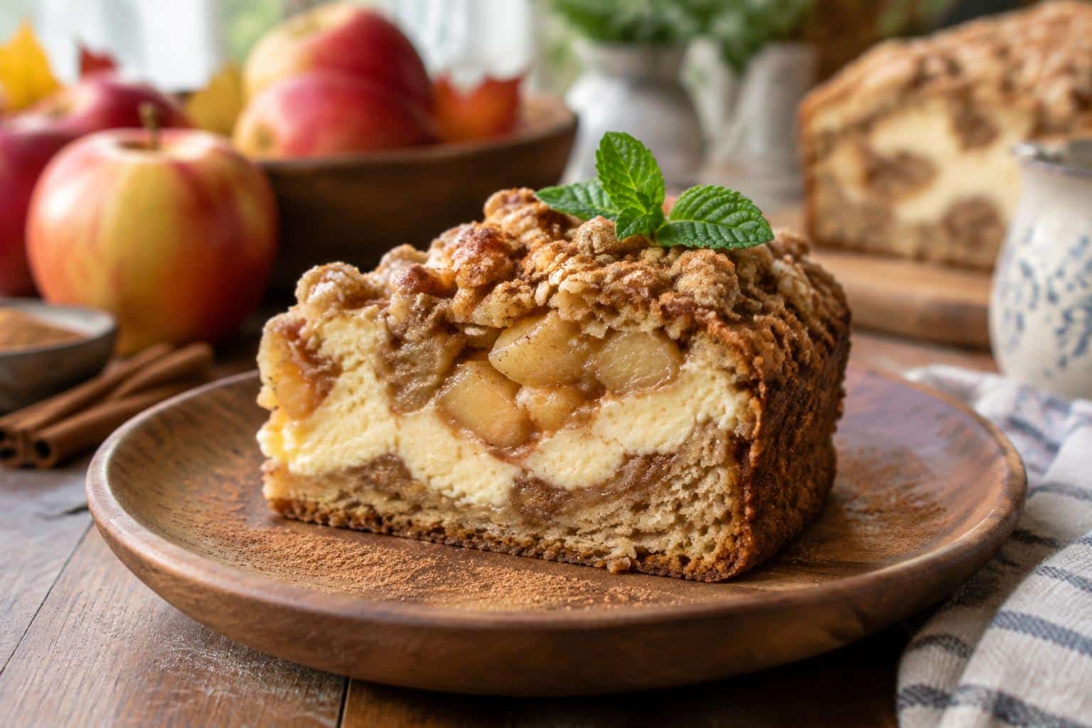 A slice of apple crisp cheesecake bread with cinnamon dusting and mint garnish on rustic wooden plate