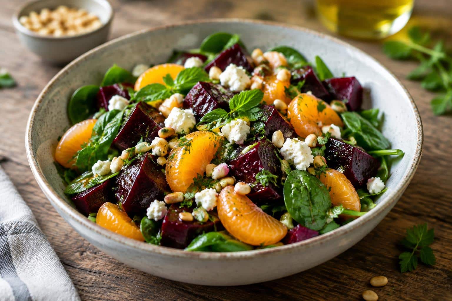 Beet salad with spinach, mandarins, pine nuts, and feta cheese in a rustic bowl