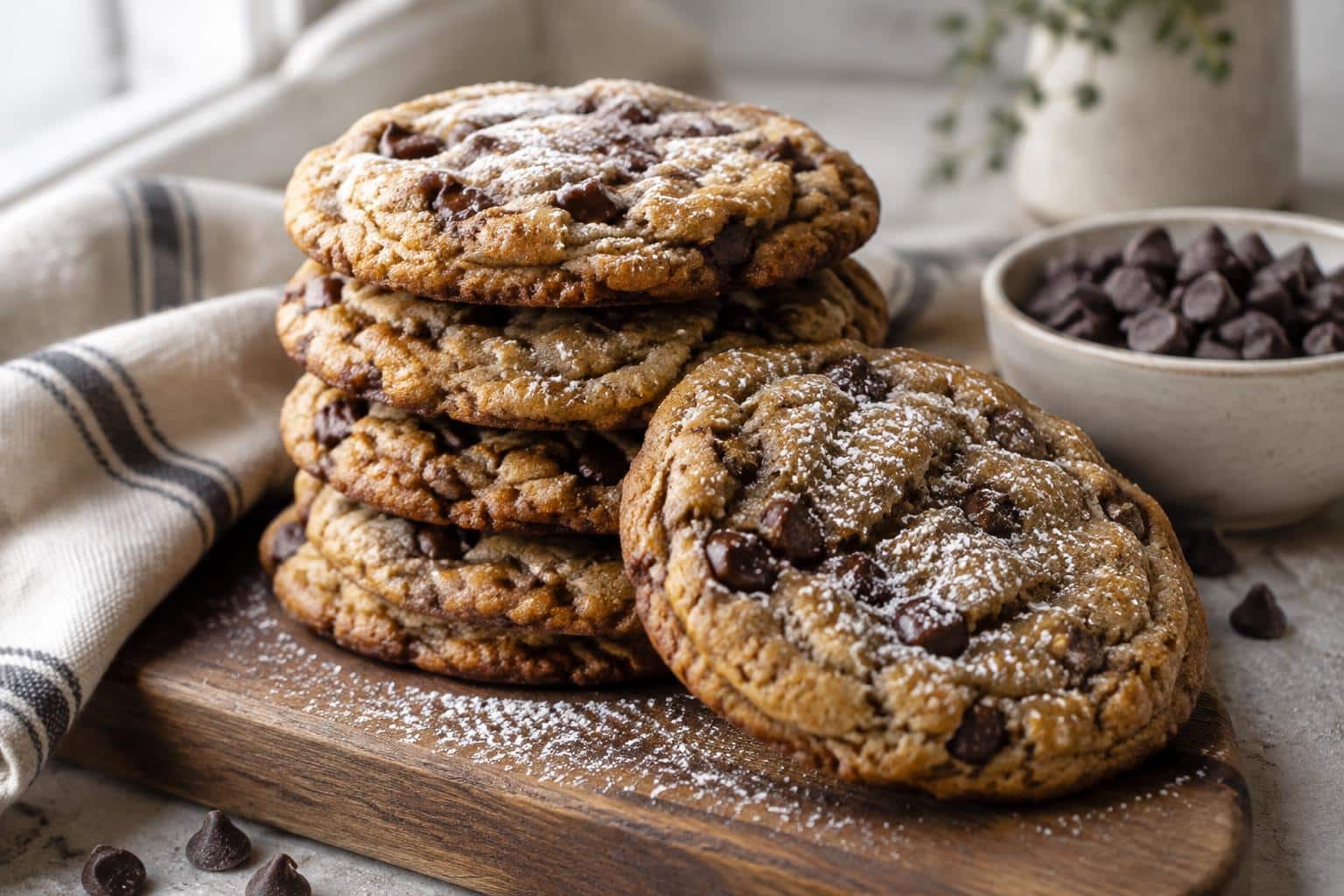 Freshly baked chocolate sugar cookies with browned butter blondie texture stacked on rustic board