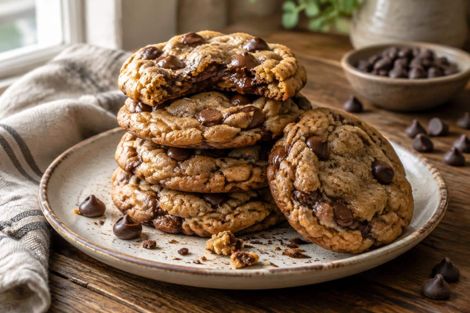 Warm chocolate sugar cookies with browned butter blondie texture on rustic plate, chocolate sugar cookies
