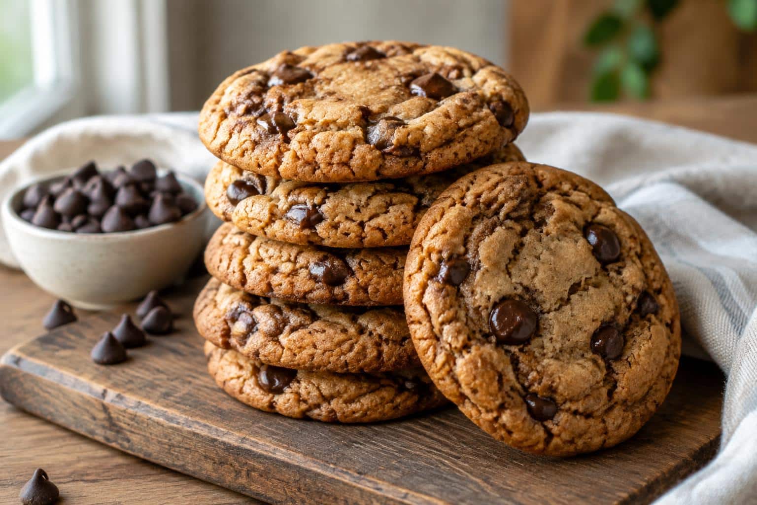 Soft chocolate sugar cookies with browned butter blondie flavor stacked on a rustic board