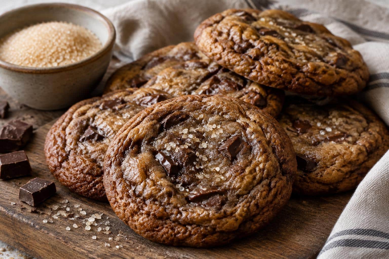 Chocolate sugar cookies with browned butter blondie texture on rustic wooden surface